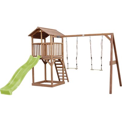 AXI Beach Tower Speeltoren met Dubbele Schommel Bruin - Limoen groene Glijbaan AXI Beach Tower Speeltoren met Dubbele Schommel Bruin - Limoen groene Glijbaan