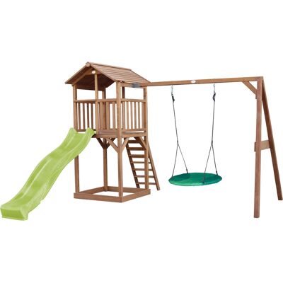AXI Beach Tower Speeltoren met Summer Nestschommel Bruin - Limoen groene Glijbaan AXI Beach Tower Speeltoren met Summer Nestschommel Bruin - Limoen groene Glijbaan