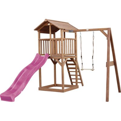 AXI Beach Tower Speeltoren met Enkele Schommel Bruin - Paarse Glijbaan AXI Beach Tower Speeltoren met Enkele Schommel Bruin - Paarse Glijbaan