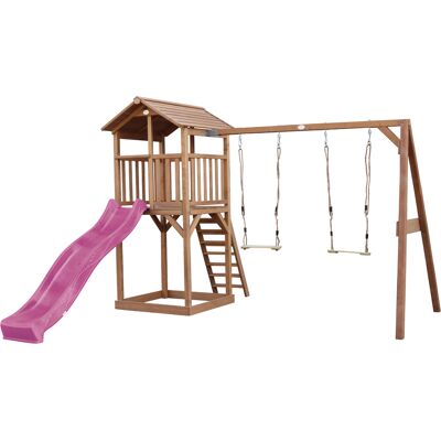 AXI Beach Tower Speeltoren met Dubbele Schommel Bruin - Paarse Glijbaan AXI Beach Tower Speeltoren met Dubbele Schommel Bruin - Paarse Glijbaan