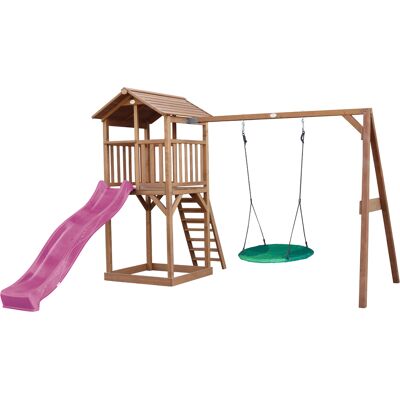 AXI Beach Tower Speeltoren met Summer Nestschommel Bruin - Paarse Glijbaan AXI Beach Tower Speeltoren met Summer Nestschommel Bruin - Paarse Glijbaan