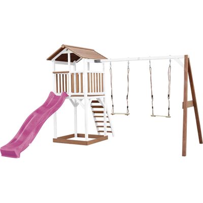 AXI Beach Tower Speeltoren met Dubbele Schommel Bruin/wit - Paarse Glijbaan AXI Beach Tower Speeltoren met Dubbele Schommel Bruin/wit - Paarse Glijbaan