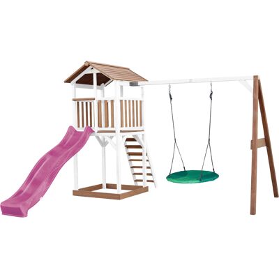 AXI Beach Tower Speeltoren met Summer Nestschommel Bruin/wit - Paarse Glijbaan AXI Beach Tower Speeltoren met Summer Nestschommel Bruin/wit - Paarse Glijbaan