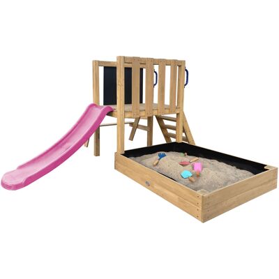 AXI Leah Mini Speeltoren met Zandbak, Picknicktafel en Krijtbord – Paarse Glijbaan AXI Leah Mini Speeltoren met Zandbak, Picknicktafel en Krijtbord – Paarse Glijbaan