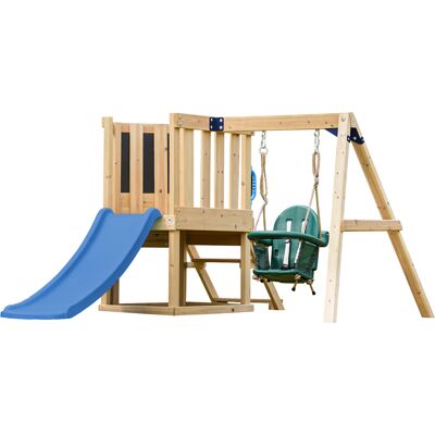 AXI Timo Mini Speeltoestel met Babyschommel, Klimwand en Krijtbord – Blauwe Glijbaan AXI Timo Mini Speeltoestel met Babyschommel, Klimwand en Krijtbord – Blauwe Glijbaan