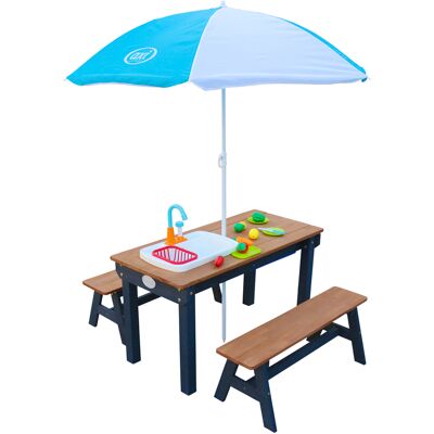 AXI Dennis Zand & Water Picknicktafel met Speelkeuken wastafel en losse bankjes Antraciet/bruin - Parasol Blauw/wit AXI Dennis Zand & Water Picknicktafel met Speelkeuken wastafel en losse bankjes Antraciet/bruin - Parasol Blauw/wit