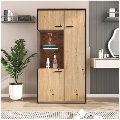 Merax Vitrinekast met 3 deuren en 2 planken - LED's - spaanplaat en glas - hoogte 150 cm - eikenkleur Merax Vitrinekast met 3 deuren en 2 planken - LED's - spaanplaat en glas - hoogte 150 cm - eikenkleur