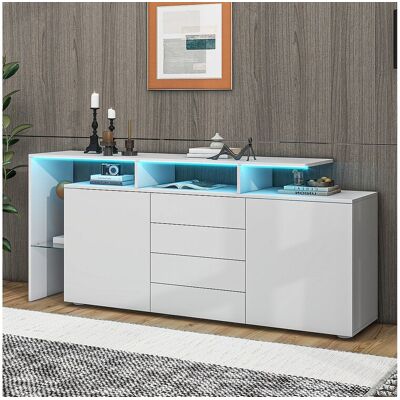 Merax Dressoir met 2 deuren, 4 lades en planken - 160 x 35 x 70 cm - LED's - Spaanplaat - Wit Merax Dressoir met 2 deuren, 4 lades en planken - 160 x 35 x 70 cm - LED's - Spaanplaat - Wit