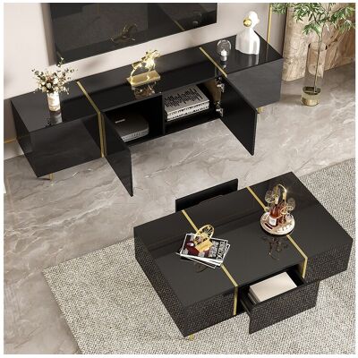 Merax Moderne TV-kast en salontafelset - 170 x 35 x 46 cm + 100 x 60 x 41,5 cm - MDF hout en gouden poten - Glanzend zwart Merax Moderne TV-kast en salontafelset - 170 x 35 x 46 cm + 100 x 60 x 41,5 cm - MDF hout en gouden poten - Glanzend zwart