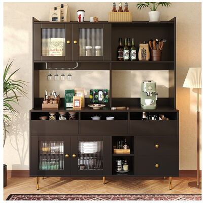 Merax Keukendressoir met 4 glazen deuren, 5 laden en open vak - 145 x 39 x 171 cm - MDF hout - Zwart Merax Keukendressoir met 4 glazen deuren, 5 laden en open vak - 145 x 39 x 171 cm - MDF hout - Zwart
