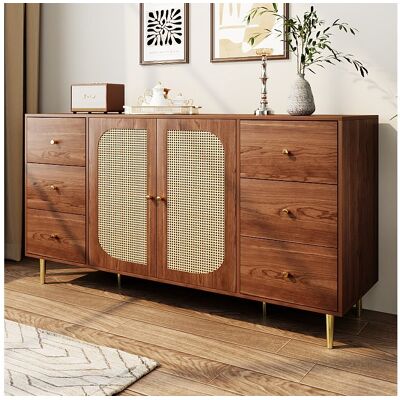 Merax Dressoir met 2 rotan deuren en 6 lades - 160 x 40 x 90 cm - MDF hout en goud metalen poten - Voor keuken, huis - Bruin Merax Dressoir met 2 rotan deuren en 6 lades - 160 x 40 x 90 cm - MDF hout en goud metalen poten - Voor keuken, huis - Bruin