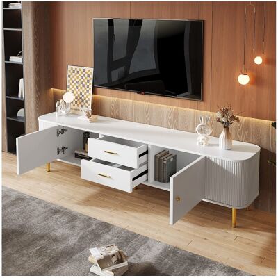 Merax TV-meubel met 2 lades en 2 deuren - 170 x 34 x 45 cm - MDF hout - Gouden handgrepen en poten - Wit Merax TV-meubel met 2 lades en 2 deuren - 170 x 34 x 45 cm - MDF hout - Gouden handgrepen en poten - Wit