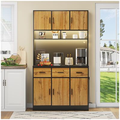 Merax Hoge dressoir met 6 deuren en 3 laden - 100 x 40 x 180 cm - LED's en oplaadpoort - MDF-hout - Verstelbare planken - Naturel + zwart Merax Hoge dressoir met 6 deuren en 3 laden - 100 x 40 x 180 cm - LED's en oplaadpoort - MDF-hout - Verstelbare planken - Naturel + zwart