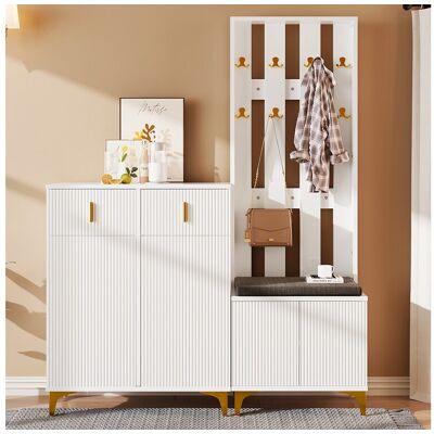 Merax Schoenenkastset met schoenenbank, kapstok - 60,5x35,2x180,5 cm + 83x35x101 cm - Spaanplaat - Wit Merax Schoenenkastset met schoenenbank, kapstok - 60,5x35,2x180,5 cm + 83x35x101 cm - Spaanplaat - Wit