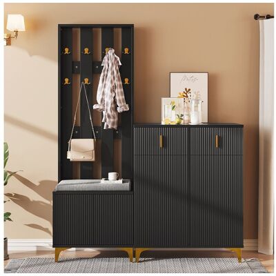 Merax Schoenenkastset met schoenenbank, kapstok - 60,5x35,2x180,5 cm + 83x35x101 cm - Spaanplaat - Zwart Merax Schoenenkastset met schoenenbank, kapstok - 60,5x35,2x180,5 cm + 83x35x101 cm - Spaanplaat - Zwart
