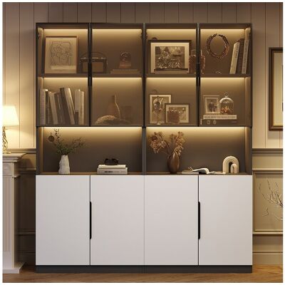 Merax Vitrinekast met 8 deuren - 160 x 30 x 200 cm - LED's - Spaanplaat en glas - Wit Merax Vitrinekast met 8 deuren - 160 x 30 x 200 cm - LED's - Spaanplaat en glas - Wit