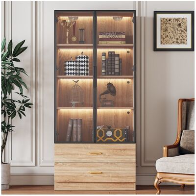 Merax Vitrinekast, hoge buffetkast met 2 laden en 2 glazen deuren - 75 X 34,5 X 170 cm - MDF hout - Bruin Merax Vitrinekast, hoge buffetkast met 2 laden en 2 glazen deuren - 75 X 34,5 X 170 cm - MDF hout - Bruin