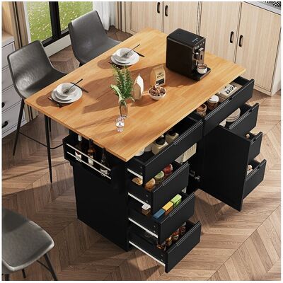Merax Keukeneiland op wielen - 122 x 40 x 91,5 cm - uitschuifbare keukentrolley + 8 lades - MDF - zwart Merax Keukeneiland op wielen - 122 x 40 x 91,5 cm - uitschuifbare keukentrolley + 8 lades - MDF - zwart