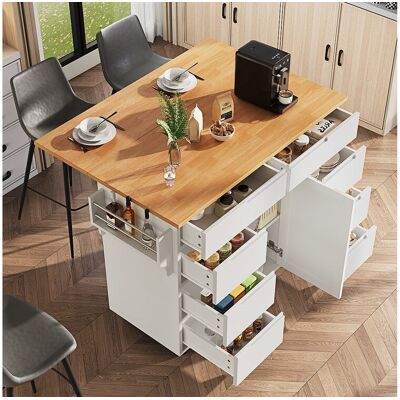 Merax Keukeneiland op wielen - 122 x 40 x 91,5 cm - uitschuifbare keukentrolley + 8 lades - MDF - wit Merax Keukeneiland op wielen - 122 x 40 x 91,5 cm - uitschuifbare keukentrolley + 8 lades - MDF - wit