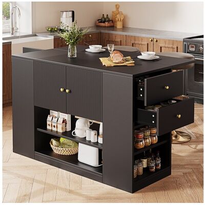 Merax Modern kookeiland - 140 x 40 x 90 cm - keukenblok - met 2 lades + 3 deuren - MDF - zwart Merax Modern kookeiland - 140 x 40 x 90 cm - keukenblok - met 2 lades + 3 deuren - MDF - zwart
