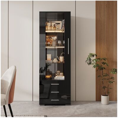 Merax Vitrinekast van glanzend glas - 60 x 180 x 35 cm - met ledverlichting - Verticale vitrinekast met 3 lades - MDF - Zwart Merax Vitrinekast van glanzend glas - 60 x 180 x 35 cm - met ledverlichting - Verticale vitrinekast met 3 lades - MDF - Zwart