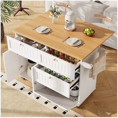 Merax Keukeneiland op wielen - 133 x 70 x 88 cm - roltafel met uitschuifbare kasten + 3 lades + 3 deuren - MDF - wit Merax Keukeneiland op wielen - 133 x 70 x 88 cm - roltafel met uitschuifbare kasten + 3 lades + 3 deuren - MDF - wit