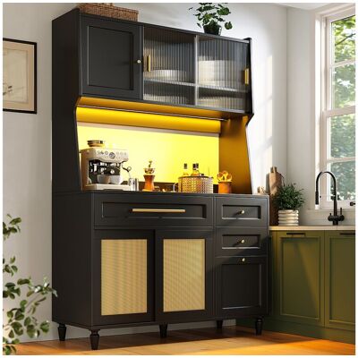 Merax Hoge keukenkast - 120 x 45 x 195,5 cm - met verstelbare planken + 3 lades + 3 deuren + LED's - MDF + PE rotan - zwart Merax Hoge keukenkast - 120 x 45 x 195,5 cm - met verstelbare planken + 3 lades + 3 deuren + LED's - MDF + PE rotan - zwart