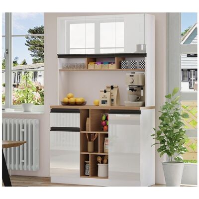 ModernLuxe Modern keukenbuffet 105×45×185 cm - 5 deuren - verstelbare planken - open opbergruimte - wit en naturel ModernLuxe Modern keukenbuffet 105×45×185 cm - 5 deuren - verstelbare planken - open opbergruimte - wit en naturel