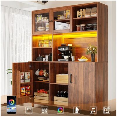 Merax Hoge keukenkast voor woonkamer - 140 x 40 x 185 cm - met 4 deuren + LED - retrostijl - MDF + glas - natuurlijk Merax Hoge keukenkast voor woonkamer - 140 x 40 x 185 cm - met 4 deuren + LED - retrostijl - MDF + glas - natuurlijk