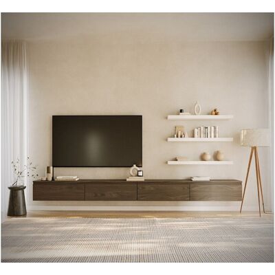 SELSEY Hangend tv-meubel met 4 kleppen – 300 cm – houtlook walnoot – BEMMI SELSEY Hangend tv-meubel met 4 kleppen – 300 cm – houtlook walnoot – BEMMI