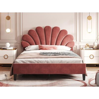 ModernLuxe Tweepersoonsbed bekleed met fluweel - 140x200cm - bloemvormig hoofdeinde - met lattenbodem - Rood ModernLuxe Tweepersoonsbed bekleed met fluweel - 140x200cm - bloemvormig hoofdeinde - met lattenbodem - Rood
