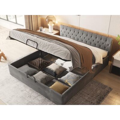 Merax Opbergbed 180 x 200 cm met opbergruimte - fluweel - lattenbodem - kleur grijs Merax Opbergbed 180 x 200 cm met opbergruimte - fluweel - lattenbodem - kleur grijs
