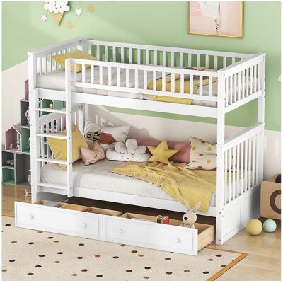 Kinderstapelbed - 2x90x200 cm - 2 lades - wit grenen frame - lattenbodem - uitvalbeveiliging - MERAX Kinderstapelbed - 2x90x200 cm - 2 lades - wit grenen frame - lattenbodem - uitvalbeveiliging - MERAX