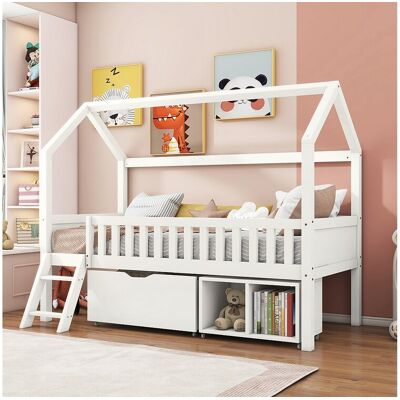 Merax Kinderhoogslaper 90 x 200 cm - met lade en 2 opbergvakken - lattenbodem - wit Merax Kinderhoogslaper 90 x 200 cm - met lade en 2 opbergvakken - lattenbodem - wit