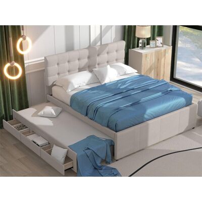 Merax Onderschuifbed met 3 laden - 140 x 200 cm + 90 x 190 cm - linnen stof - verstelbaar hoofdeinde - beige kleur Merax Onderschuifbed met 3 laden - 140 x 200 cm + 90 x 190 cm - linnen stof - verstelbaar hoofdeinde - beige kleur