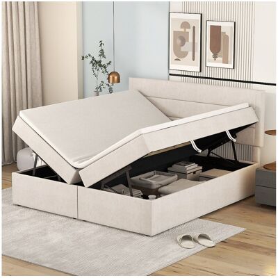 Merax Opbergbed 140 x 200 cm met hoofdeinde - stof - beige kleur - aan twee kanten open Merax Opbergbed 140 x 200 cm met hoofdeinde - stof - beige kleur - aan twee kanten open