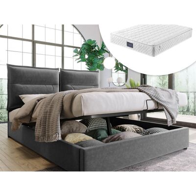 Merax Opbergbed met opbergruimte 140 x 200 cm - fluweel - lattenbodem - grijs + matras Merax Opbergbed met opbergruimte 140 x 200 cm - fluweel - lattenbodem - grijs + matras