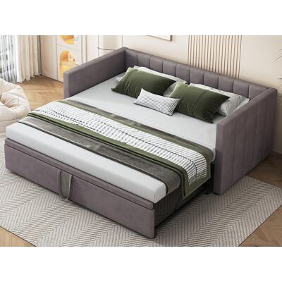ModernLuxe Gestoffeerde onderschuifbed 90/180x200cm slaapbank in fluwelen stof met lattenbodem - Grijs ModernLuxe Gestoffeerde onderschuifbed 90/180x200cm slaapbank in fluwelen stof met lattenbodem - Grijs