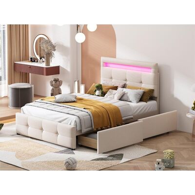 Merax Eenpersoonsbed 90 x 200 cm met 2 lades - linnen stof - LED's - voor kinderen - beige Merax Eenpersoonsbed 90 x 200 cm met 2 lades - linnen stof - LED's - voor kinderen - beige