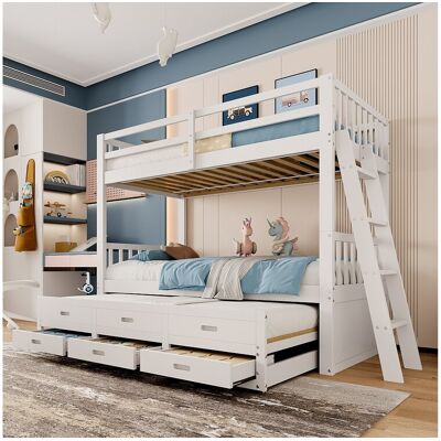 Merax Stapelbed met onderschuifbed voor kinderen 3 plaatsen - 90 x 200 cm - 3 laden - grenen en MDF - wit Merax Stapelbed met onderschuifbed voor kinderen 3 plaatsen - 90 x 200 cm - 3 laden - grenen en MDF - wit