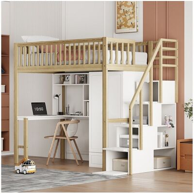 Merax Hoogslaper 90 x 200 cm met grote kledingkast, bureau, boekenkast, trap en lades, alles-in-één, MDF hout, Wit + eiken Merax Hoogslaper 90 x 200 cm met grote kledingkast, bureau, boekenkast, trap en lades, alles-in-één, MDF hout, Wit + eiken