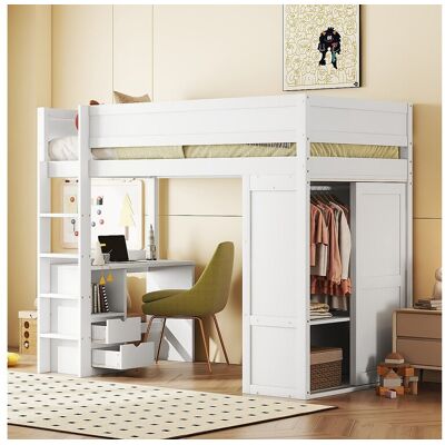 Merax Mezzaninebed 90 x 200 cm met bureau + 2 lades - Kledingkast met schuifdeur - MDF-hout - Wit Merax Mezzaninebed 90 x 200 cm met bureau + 2 lades - Kledingkast met schuifdeur - MDF-hout - Wit