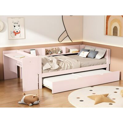 ModernLuxe Eenpersoonsbed 90x200 cm met onderschuifbed - met bureau ernaast - Roze ModernLuxe Eenpersoonsbed 90x200 cm met onderschuifbed - met bureau ernaast - Roze