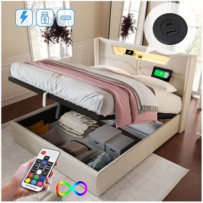 Merax Opbergbed voor volwassenen 140 x 200 cm met hoofdeinde - USB + Type C + LED's - linnen stof - beige Merax Opbergbed voor volwassenen 140 x 200 cm met hoofdeinde - USB + Type C + LED's - linnen stof - beige