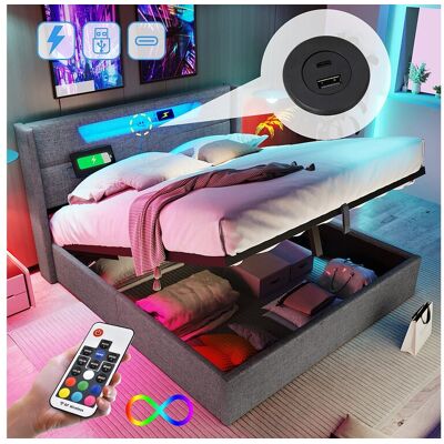 Merax Opbergbed voor volwassenen 140 x 200 cm met hoofdeinde - USB + Type C + LED's - linnen stof - grijs Merax Opbergbed voor volwassenen 140 x 200 cm met hoofdeinde - USB + Type C + LED's - linnen stof - grijs