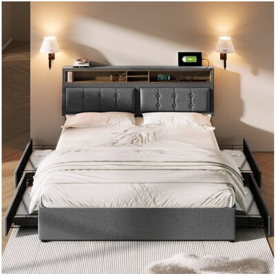 Merax Tweepersoonsbed 160 x 200 cm met 4 laden en USB C-aansluiting - verstelbaar hoofdeinde - grijs Merax Tweepersoonsbed 160 x 200 cm met 4 laden en USB C-aansluiting - verstelbaar hoofdeinde - grijs