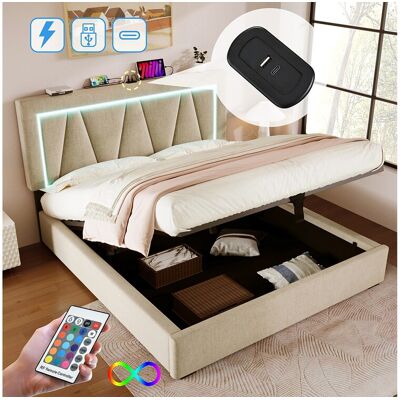 Merax Opbergbed 140 x 200 cm voor volwassenen - USB + Type C + LED's - linnen stof - beige Merax Opbergbed 140 x 200 cm voor volwassenen - USB + Type C + LED's - linnen stof - beige