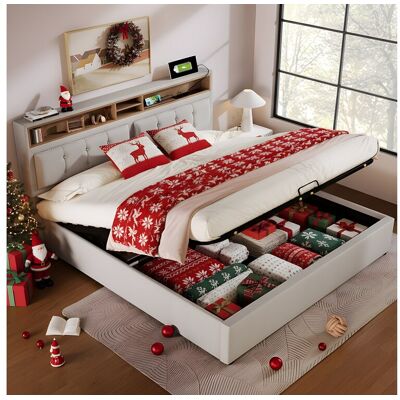 Merax Opbergbed 160 x 200 cm met opberghoofdeinde - USB - linnen stof - beige Merax Opbergbed 160 x 200 cm met opberghoofdeinde - USB - linnen stof - beige
