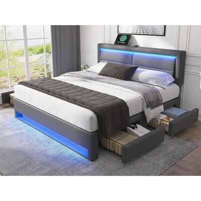 ModernLuxe Tweepersoonsbed 140x200 cm in kunstleer met LED - 4 lades - met oplaadpoorten (bedraad & draadloos) - Grijs ModernLuxe Tweepersoonsbed 140x200 cm in kunstleer met LED - 4 lades - met oplaadpoorten (bedraad & draadloos) - Grijs