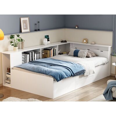 ModernLuxe Eenpersoonsbed 90x200cm in massief hout - met multifunctionele opbergruimte - Wit ModernLuxe Eenpersoonsbed 90x200cm in massief hout - met multifunctionele opbergruimte - Wit